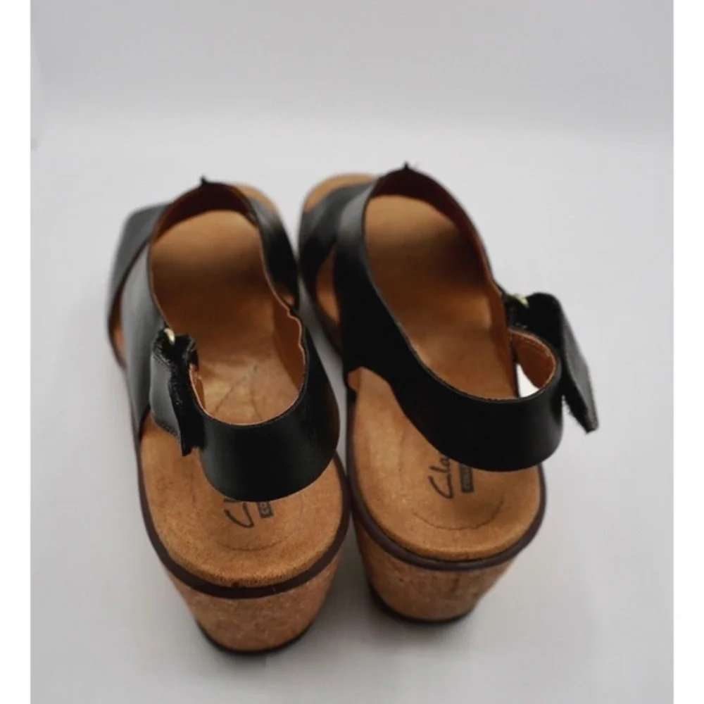 Clarks Rosemund Dune Black Leather Cork Wedge Sandals 11 M Resortwear 35-01-01